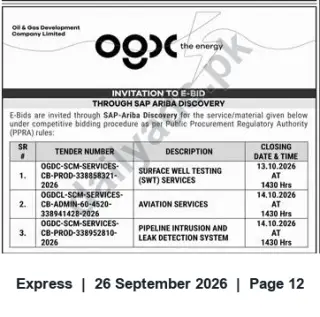 Newspaper clipping: OGDCL Invitation to E-Bid via SAP Ariba Discovery for SWT, Aviation & Leak Detection Services, Express, 26 Sep 2026