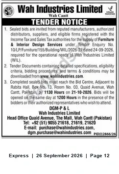 Newspaper clipping: Wah Industries Limited Tender for Furniture & Interior Design Services (Tender Enquiry No. 10/LP/Furniture/155/Building/WIL/2026-27), Express, 26 Sep 2026