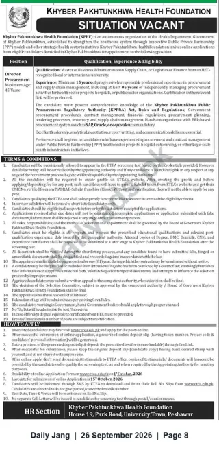 Newspaper clipping: Director Procurement — Khyber Pakhtunkhwa Health Foundation (Maximum Age 45), Jang, 26 Sep 2026