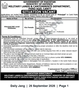 Newspaper clipping: Principal (SSC Level Institutes) — Female | Pano Aqil Cantt, Jang, 26 Sep 2026