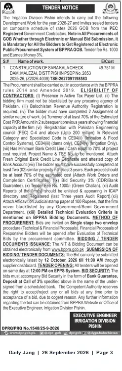 Newspaper clipping: Tender: Construction of Sarakala Check Dam — Irrigation Division Pishin (Est. Rs. 49.751M), Jang, 26 Sep 2026