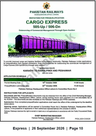 Newspaper clipping: Pakistan Railways Invitation for Prequalification — Cargo Express 505-Up / 506-Dn (Karachi–Rawalpindi–Peshawar), Express, 26 Sep 2026