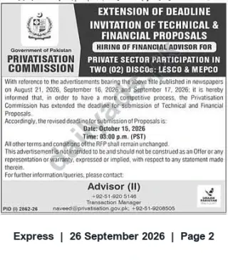 Newspaper clipping: Privatisation Commission: Extended Deadline for Hiring Financial Advisor — LESCO & MEPCO (Closing 2026-10-15), Express, 26 Sep 2026