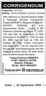 Newspaper clipping: Corrigendum: KWSSIP-II RFB for K‑IV Augmentation Works — Bid Deadline Extended to 2026-10-28, Dawn, 26 Sep 2026