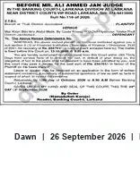 Newspaper clipping: Court Notice — Judge Ali Ahmed Jan, Larkana, Dawn, 26 Sep 2026