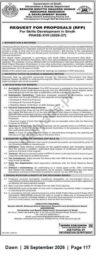 Newspaper clipping: RFP — Skills Development in Sindh, Phase‑VIII (2026–27) — BBSHRRDB, Dawn, 26 Sep 2026