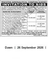 Newspaper clipping: Pakistan Aeronautical Complex, Kamra — Invitation to Bids, Dawn, 26 Sep 2026