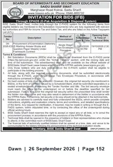 Newspaper clipping: Invitation for Bids — Board of Intermediate & Secondary Education Saidu Sharif Swat, Dawn, 26 Sep 2026
