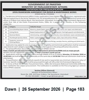 Newspaper clipping: Ministry of Parliamentary Affairs — Prequalification for Open Framework Repair & Maintenance Works (Islamabad), Dawn, 26 Sep 2026