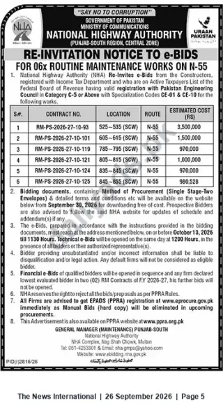 Newspaper clipping: NHA Re-invitation to e-Bids for Routine Maintenance Works on N-55 (Punjab‑South), The News International, 26 Sep 2026