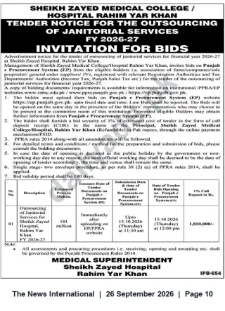 Newspaper clipping: Tender: Outsourcing Janitorial Services — Sheikh Zayed Medical College & Hospital, Rahim Yar Khan FY 2026-27, The News International, 26 Sep 2026