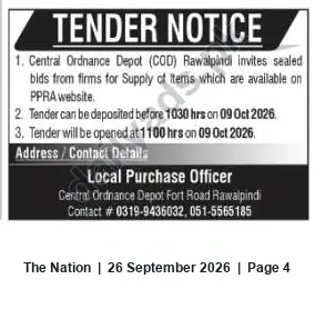 Newspaper clipping: Tender for Supply of Items — Central Ordnance Depot Rawalpindi (09 Oct 2026), The Nation, 26 Sep 2026