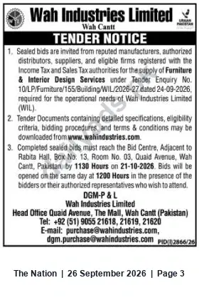 Newspaper clipping: Wah Industries Limited Tender for Furniture & Interior Design Services (Tender No. 10/LP/Furniture/155/Building/WIL/2026-27), The Nation, 26 Sep 2026