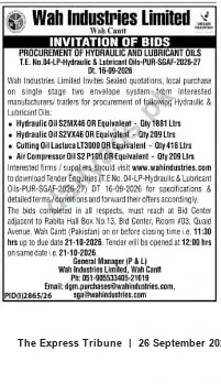 Newspaper clipping: Wah Industries Limited Tender for Hydraulic & Lubricant Oils (T.E. No. 04-LP-2026-27), The Express Tribune, 26 Sep 2026