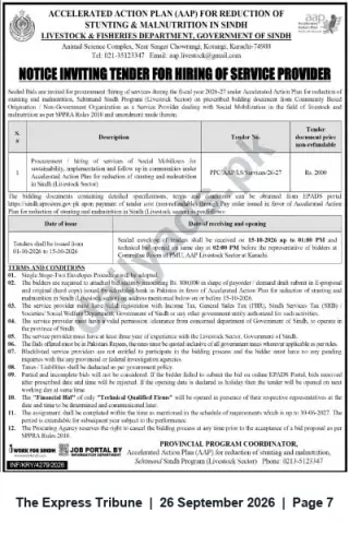 Newspaper clipping: Tender for Hiring Social Mobilizers under AAP to Reduce Stunting & Malnutrition — Livestock & Fisheries Department, Sindh, The Express Tribune, 26 Sep 2026