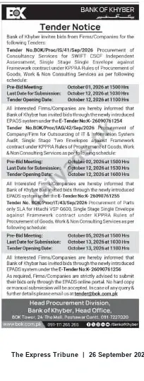 Newspaper clipping: Bank of Khyber Tenders (Oct 2026): SWIFT Assessment, IT Outsourcing Audit & Hitachi VSP Parts, The Express Tribune, 26 Sep 2026