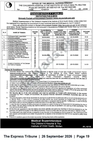 Newspaper clipping: Tender Notice: Procurement of Medical Equipment & Services — The Children's Hospital & Institute of Child Health, Multan, The Express Tribune, 26 Sep 2026