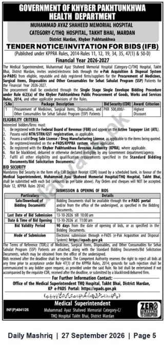 Newspaper clipping: Tender: Supply of Medicines, Surgical Items & Consumables for Sehat Sahulat Program – THQ Hospital Takht Bhai, Mardan (FY 2026-27), Daily Mashriq, 27 Sep 2026