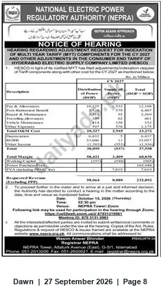 Newspaper clipping: NEPRA Hearing on HESCO MYT Adjustment Request — 15 Oct 2026, Dawn, 27 Sep 2026