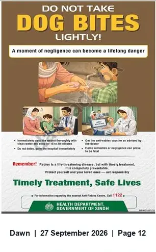 Newspaper clipping: Sindh Health Department Advisory: Immediate Action After Dog Bites (Rabies Prevention), Dawn, 27 Sep 2026