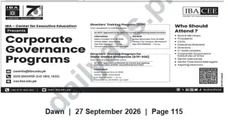 Newspaper clipping: IBA Center for Executive Education — Corporate Governance Programs (Directors' Training DTP & DTP-SOE), Dawn, 27 Sep 2026