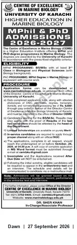 Newspaper clipping: Centre of Excellence in Marine Biology, University of Karachi — MPhil & PhD Admissions 2026-27, Dawn, 27 Sep 2026