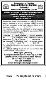 Newspaper clipping: Korangi Fisheries Harbour Authority — Corrigendum: E‑Bids Extension for Security Services, Dawn, 27 Sep 2026