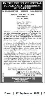 Newspaper clipping: Anti-Terrorism Court Shikarpur Proclaims Accused Absconders — Special Case No.15/2026, Dawn, 27 Sep 2026