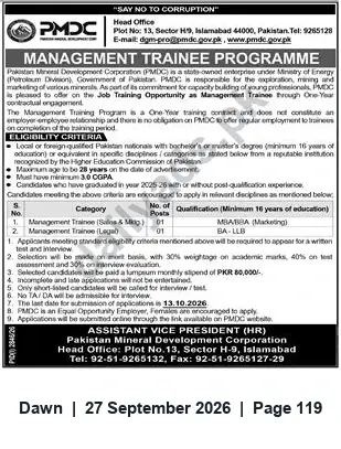 Newspaper clipping: PMDC Management Trainee Programme — One-Year Contract (Islamabad), Dawn, 27 Sep 2026