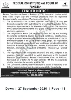 Newspaper clipping: Tender: Upgradation of Federal Constitutional Court Auditorium, Islamabad, Dawn, 27 Sep 2026