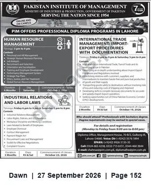 Newspaper clipping: PIM Professional Diploma Programs in Lahore — HR, International Trade & Industrial Relations, Dawn, 27 Sep 2026