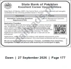 Newspaper clipping: State Bank of Pakistan — Career Opportunities in Karachi, Dawn, 27 Sep 2026