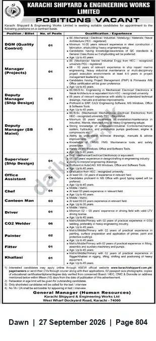 Newspaper clipping: Karachi Shipyard & Engineering Works Ltd — Multiple Contract Vacancies (Karachi), Dawn, 27 Sep 2026