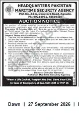 Newspaper clipping: Pakistan Maritime Security Agency — Auction Notice (Headquarters), Dawn, 27 Sep 2026