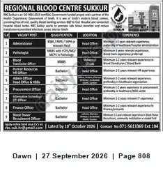 Newspaper clipping: Vacancy — Regional Blood Centre Sukkur (Finance Department), Dawn, 27 Sep 2026