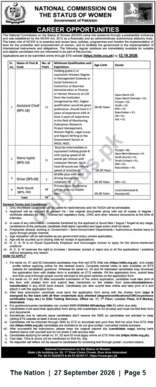 Newspaper clipping: NCSW Career Opportunities — Assistant Chief, Stenotypist, Driver, Naib Qasid (Apply by 2026-10-12), The Nation, 27 Sep 2026