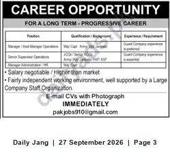 Newspaper clipping: Immediate Hiring — Operations and Administration/HR Managers & Supervisors, Jang, 27 Sep 2026