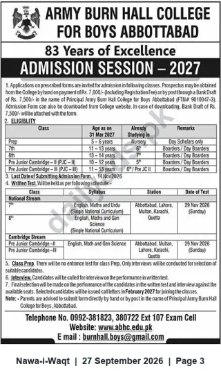 Newspaper clipping: Army Burn Hall College for Boys, Abbottabad — Admissions Open for Session 2027 (Prep, 7th, 8th & Pre-Junior Cambridge), Nawa-i-Waqt, 27 Sep 2026