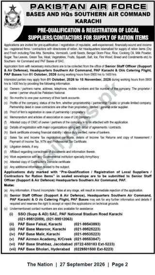 Newspaper clipping: Pakistan Air Force (Southern Air Command, Karachi) — Pre-Qualification & Registration of Local Suppliers for Ration Items, The Nation, 27 Sep 2026
