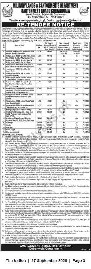 Newspaper clipping: Re-Tender Notice — Cantonment Board Gujranwala for Multiple Civil Works (MES Rates 2025), The Nation, 27 Sep 2026