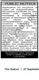 Newspaper clipping: Public Notice: Application for Succession Certificate — Citizen ID 3520295848002, The Nation, 27 Sep 2026