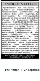 Newspaper clipping: Public Notice: Application for Letter of Administration / Succession Certificate for Choudary Fazni All Naseem, The Nation, 27 Sep 2026
