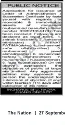 Newspaper clipping: Public Notice: Application for Letter of Administration / Succession Certificate (App. No. 3320213644747), The Nation, 27 Sep 2026