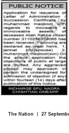 Newspaper clipping: Notice: Application for Letter of Administration by Muhammad Maqbool for Deceased Allan Rakha, The Nation, 27 Sep 2026