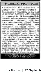 Newspaper clipping: Public Notice: Application for Letter of Administration / Succession Certificate — NADRA Gujrat, The Nation, 27 Sep 2026