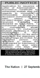 Newspaper clipping: Public Notice: Application for Letter of Administration for Estate of Muhammad Alam, The Nation, 27 Sep 2026