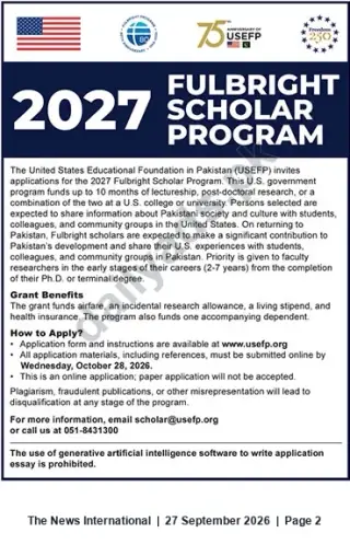 Newspaper clipping: 2027 Fulbright Scholar Program (Pakistan) – Apply by 2026-10-28, The News International, 27 Sep 2026
