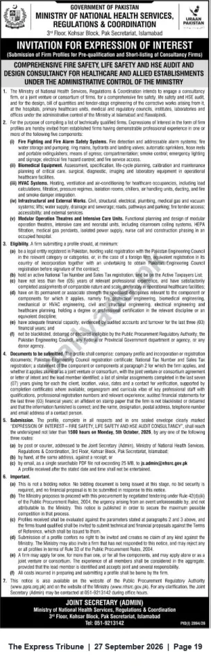 Newspaper clipping: EOI: Fire Safety, Life Safety & HSE Audit and Design Consultancy for Ministry Healthcare Facilities, The Express Tribune, 27 Sep 2026