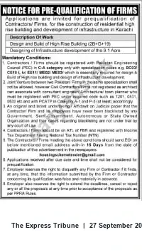 Newspaper clipping: Pre-Qualification Notice: Contractors for High-Rise Residential & Infrastructure Development in Karachi, The Express Tribune, 27 Sep 2026