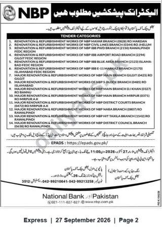 Newspaper clipping: NBP Invites Electronic Bids for Renovation & Refurbishment of Multiple Branches, Express, 27 Sep 2026